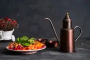 Handmade Red Matte Copper Oil Dispenser + Oil Dipping Plate | Copper Oil Cruet