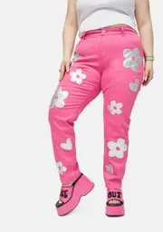 [dELiA*s by Dolls Kill] Plus Heart Of Glass Holo Flower Applique Twill Pants