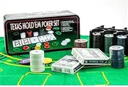 Poker Game Set in Metal Box 200 Poker Chips 2 Covers, 2 Decks Dealer Button Small Blind Big Blind Texas Holdem Play Mat (Size : 1set)
