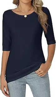 [Famrrifuu] Women's T-Shirt Half Sleeve Bodycon Tops with Boat Neck Summer Basic Stretch Plain Shirts for Summer Spring