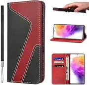[LANJLM] Samsung Galaxy A73 5G Case with Wrist Strap PU Leather Wallet Case Card Holder Shockproof Flip Cover - Black red