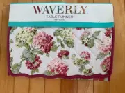 NWT Waverly Quilted Table Runner 2 Sided Pinks Greens Floral on White & Stripes
