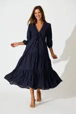 Zena Midi Dress Full Length Sleeve in Navy Linen Blend 8