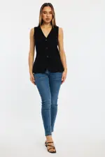 Black Linen Vest Longline V-neck - Size 14L, Women's Jacket