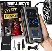POCKET AIR Tire Inflator Portable Air Compressor by Bullseye Pro for Tires, Balls, Inflatables, Auto Shut Off, Inflates in 2 Min, Cordless Rechargeable 4000MAH,100 PSI, SoS Light for Emergencies