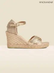 Sosandar Gold Ankle Strap High Wedges Espadrilles (997188) | $159