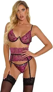 3FLQOOPP Women's Exotic Bustiers Corsets Sexy Female Underwear Pajamas lace Perspective Bra Panties Garters Three Set (Roxo Large)