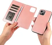 GoshukunTech for iPhone 14 Plus Case,for iPhone 14 Plus Phone Cover[2 in 1 Wallet Leather Case] Detachable Magnetic Flip Cover with Card Slots,Wrist Strap-Pink