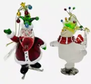 Christmas Tree Ornaments Snowman & Santa Frosted Acrylic Holiday Set Of 2 -NEW