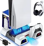 PS5 Cooling Station with Controller Charger, PS5 Horizontal Stand for Standard and Digital Playstation 5 Console, PS5 Accessories Cooler Stand with Headset Holder, Game Slot, AC Adapter