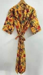 Bird Print Robe Full Length 3/4 Sleeve Yellow 100% Cotton Hippie Kimono Dress
