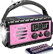 74000mWh Emergency Radio with NOAA Weather, Portable Hand Crank SW/AM/FM Survival Radio with Fast Charge Rechargeable Solar Battery, Flashlight, Reading Lamp,SOS Sirenor Home Outdoor(Pink)