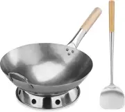 Home Kitchen Carbon Steel Pow Wok Set W/Wood Steel Helper Handle Rack Ring Tool
