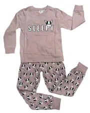 Girls Sizes 8-14 Pink Sleepy French Dog Pyjamas Long Set PJS (3108)