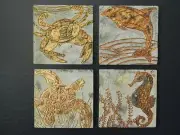 Sealife Copper Impressions 4 Coasters Big Sky Shore Crab Turtle Dolphin Seahorse