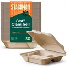 50 Pack 8X8 Compostable Clamshell 3 Compartment Food Containers Sugarcane Fiber