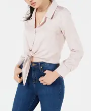 Love Fire Juniors' Button-Front Tie-Hem Shirt Sepia Rose Size Large