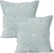 Set of 2 Duck Egg Blue Cushion - boho cushion Covers 45 X 45, teal cushions Covers, light blue cushions Covers, Light Blue Linen Boho Throw Pillows Covers with Abstract Floral for Bed Sofa Car