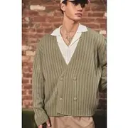 Mens Khaki Boxy Wrap Rib Knitted Cardigan