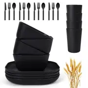24 Piece Wheat Straw Square Dinnerware Sets for 4 Unbreakable Dinner Plates a...