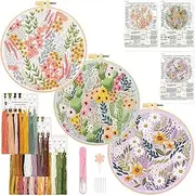 3 Sets of Beginners Embroidery Starter Kit,Needlepoint Embroidery Kit with Flowers and Plants Patterns,DIY Handmade Sewing Craft with Embroidery Hoops and Needles Threads