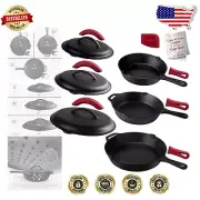 Durable 3-Piece Cast Iron Skillets Set with Lids & Silicone Handles - 8" to 12"
