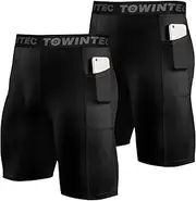 [Towintec] Men’s Compression Shorts with Pocket Running Tights Pockets Underwear Athletic Workout Base Layer Basketball Short