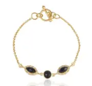 18k Gold Plated Three Connected Stone Bracelet With Marquise Black Onyx Gemstone