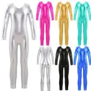 Girls Metallic Long Sleeves Full Length Unitards Jumpsuit Gymnastics Dancewear