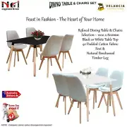 Dining 1x Table / 4x Chair Set Upholstered Fabric Padded Seat Cushion Wooden Leg