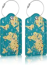 [mountanlly] 2 Pack Luggage Tag for Suitcases, World Map Travel Leather Baggage Tags Privacy Cover ID Label for Women Men Travel
