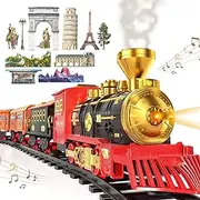 [MSKOLER] Train Sets with Steam Locomotive Engine, Cargo Car and Tracks, Battery Powered Play Set Toy w/Smoke, Light & Sounds, for Kids, Boys & Girls 3 4 5 6 7 Years Old