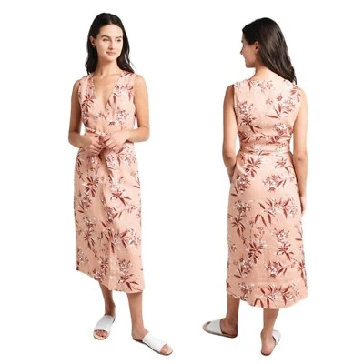 Joie Womens Dress Ethelda Blush Pink Floral Linen Midi Button Front Coastal S