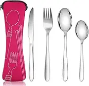 Portable Cutlery Set, Stainless Steel Flatware with Pouch Bag Camping Utensil Set for Outdoor Travel Picnic Office School Camping (Rose)
