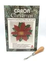 Vtg Sealed Caron Christmas Latch Hook Pillow Kit Poinsettia 14" x 14" With Hook