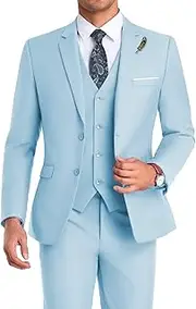 [Mrbuerly] Men Suit 3 Pieces Slim Fit, Groomsmen Business Jacket Vest Pant with Tie 2 Buttons Prom Tuxedo Xs/3630, Sky Blue, 5X-Large