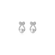 ANYCO Fashion Earrings Silver 925 Sterling Shiny Zircon Bow Natural Pearl Hollow Stud for Women Jewelry