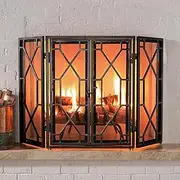 Red Copper Fireplace Screen with Locking Double Doors, Fold 3-Panel Fireguards for Portico Fireplace Areas/Wood Burning
