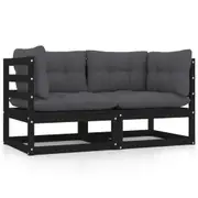 Garden 2-Seater Sofa with Cushions Black Solid Pinewood vidaXL