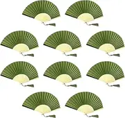 FANSOF.FANS Pack of 10 Silk Fabric Fan with a Tassel Grade A Bamboo Ribs Party Favour Handheld Fan (Moss/Olive Green)