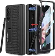 [COCOING] for Samsung Galaxy Z Fold 3 Case with Pen Holder,Hinged Cover Built-in with Pen Slot,with Screen Protector&Adjustable Bracket,Leather Cover Case for Galaxy Z Fold 3 (Carbon Fiber)