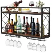 Wall Mounted 2 Tier Wine Rack with Glass Holder, Double Layer Anti-Drop Cross...