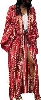 [Bsubseach] Stylish Tie Dye Open Front Long Kimono Swimsuit Cover up for Women