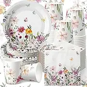 250 Pcs Spring Floral Party Decoration Baby Shower Disposable Tableware Sets Birthday Party Supplies Serves 50 Guests Disposable Plates Napkins and Cups for Baby Bridal Shower Birthday Party