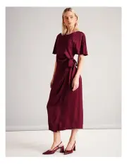 [Basque] Sustainable Viscose Blend Flutter Sleeve Satin Dress in Wine