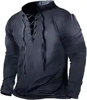 [HongYunoH] Men's Outdoor Military Tactical T Shirt Retro Distressed TieUp Stand Collar Long Sleeve Tshirts