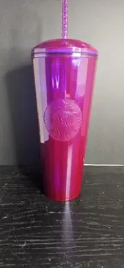 STARBUCKS 24oz 2021 PURPLE KALEIDOSCOPE ACRYLIC COLD CUP TUMBLER + STRAW