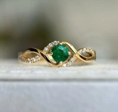 Real 1.46 Ct Round Cut Natural Emerald Diamond Proposal Ring14K solidYellow gold