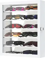 Alyoen Wall Mounted Sunglasses Organizer, Eyeglasses Display Case, Pine Wood Eyewear Holder with Bottom Mirror, Large Storage Glasses Box with 6 Removable Shelves, Dustproof Protection, White