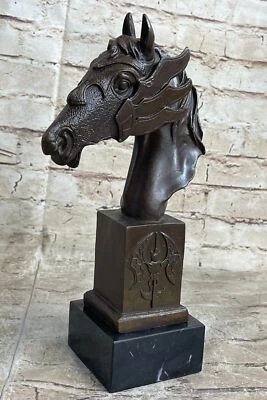 BEAUTIFUL PURE BRONZE MOUNTED HORSE STATUE BUST MARBLE BASE SCULPTURE ARTWORK